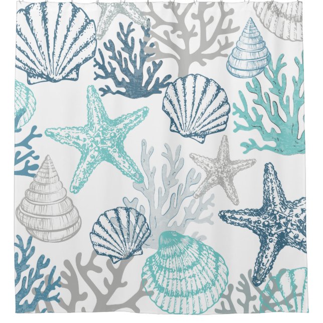 Seashell Starfish Muster blau und Aquamarin Duschvorhang (Vorderseite)