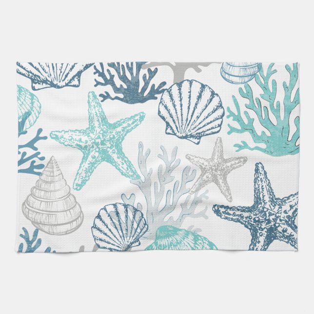 Seashell Starfish Muster blau und Aquamarin Geschirrtuch (Horizontal)