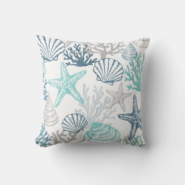 Seashell Starfish Muster blau und Aquamarin Kissen (Vorderseite)