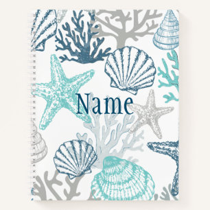 Seashell Starfish Muster Blau und Aquamariner Name Notizbuch