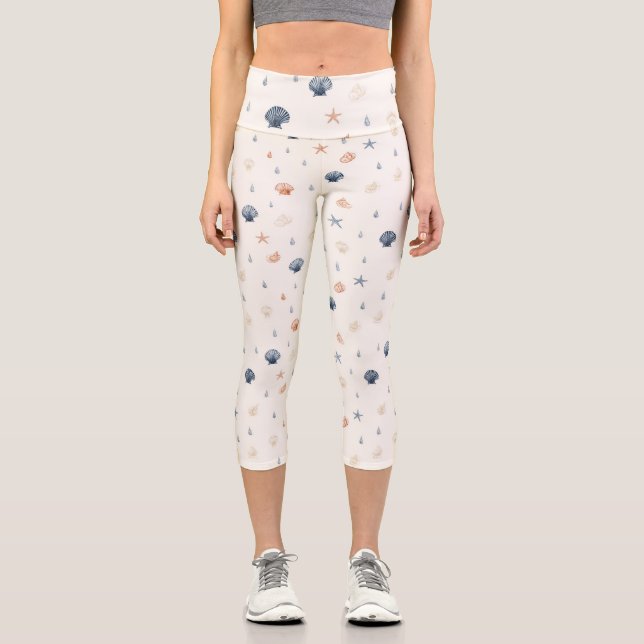 Seashell Starfish Nahtloses Muster Capri Leggings (Vorderseite)