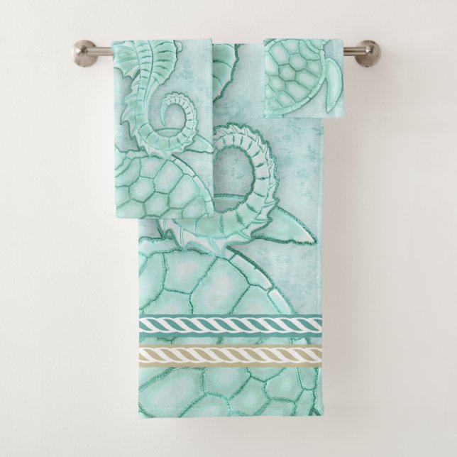 Seashell Starfish Turtle Watercolor Aqua ID751 Badhandtuch Set (Insitu)