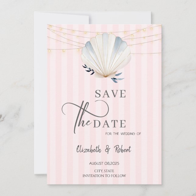 Seashell String Lights Pink Stripes Save the Date (Vorderseite)