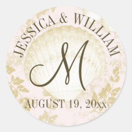 Seashell Vintag Beach Wedding Monogram Pink Runder Aufkleber