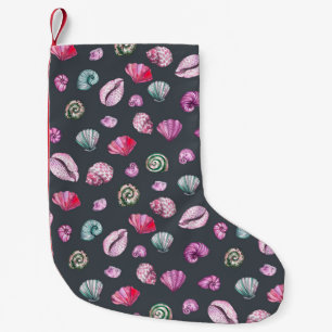 Seashell Watercolor: Dunkles blaues Muster Kleiner Weihnachtsstrumpf