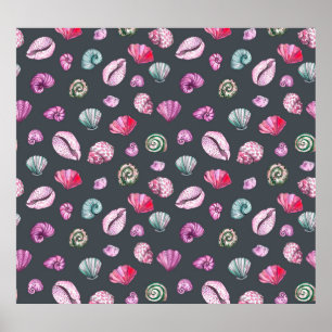 Seashell Watercolor: Dunkles blaues Muster Poster