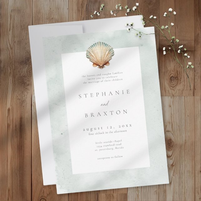 Seashell Watercolor Minimalist Beach Wedding Einladung (Seashell Watercolor Minimalist Beach Wedding Invitation)