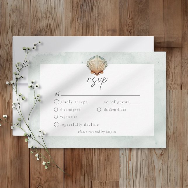 Seashell Watercolor Minimalist Beach Wedding RSVP Karte (Von Creator hochgeladen)
