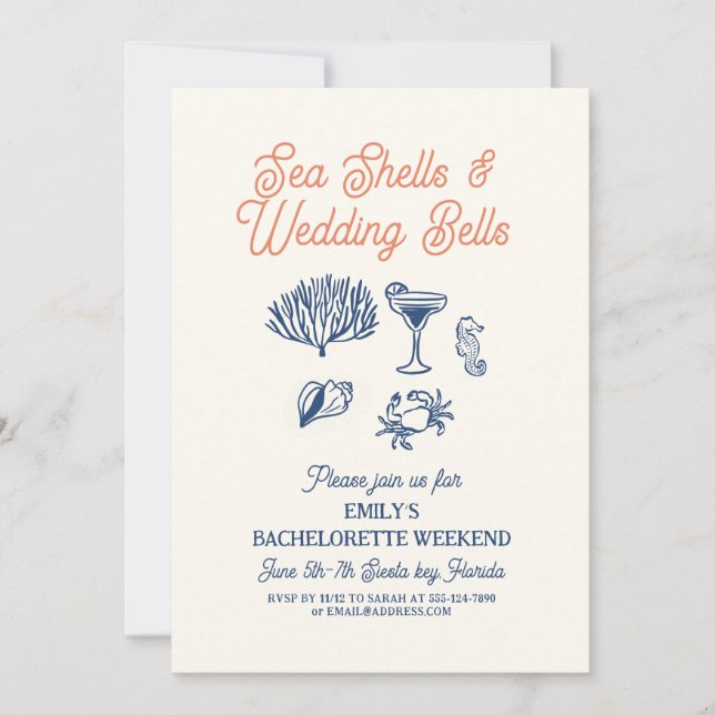 Seashell Wedding Bells  Bachelorette Weekend Einladung (Vorderseite)