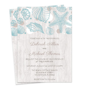 Seashell Whitewash Wood Beach Hochzeit Einladung