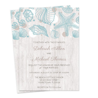 Seashell Whitewash Wood Beach Hochzeit Einladung