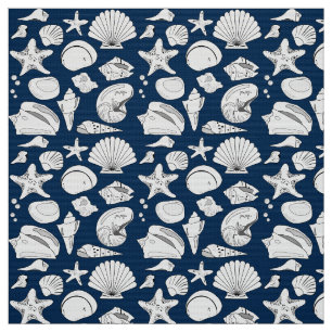 Seashell Zeichne die weiße Marine Blue Nautical Stoff