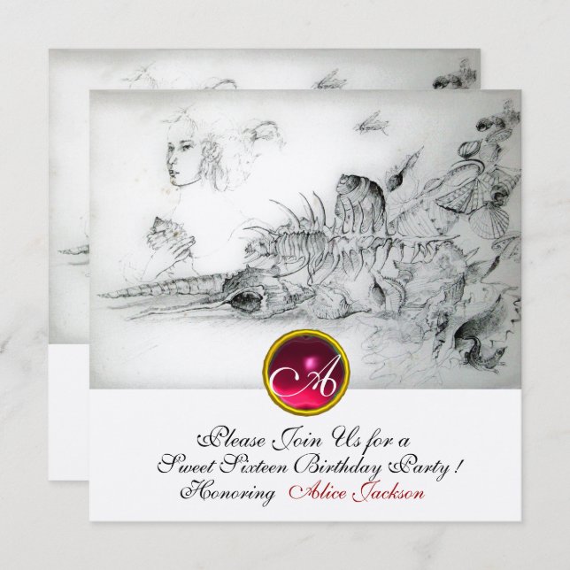 SEASHELLS 16 . GEBURTSTAG PARTY, Ruby Monogram Sil Einladung (Vorne/Hinten)