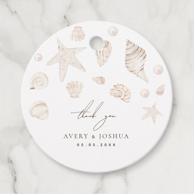 Seashells and Pearls Coastal Wedding Vielen Dank Geschenkanhänger (Vorderseite)