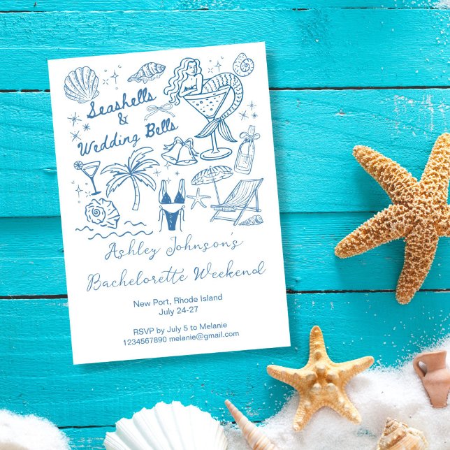 Seashells and wedding bells mermaid Bachelorette Einladung (Seashells and wedding bells mermaid beach seaside Bachelorette weekend Invitation cards template)