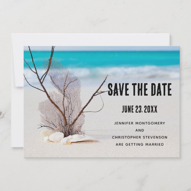 Seashells auf einer Hochzeit am Sandy Beach Foto Save The Date (Vorderseite)