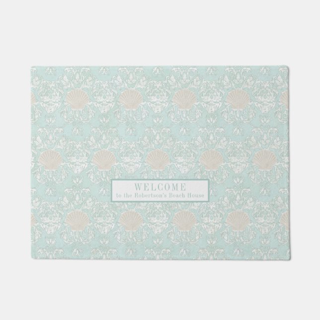 Seashells Beach Blue White Damask Muster Fußmatte (Vorderseite)