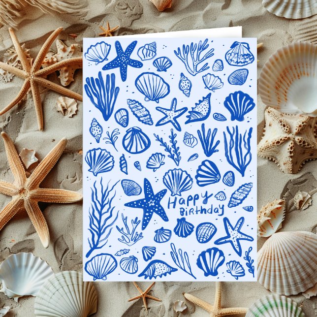 Seashells Beach Muscheln Ocean Happy Birthday Karte (Seashells Beach Shells Ocean Happy Birthday Card Blue doodle sketch scribbles
)