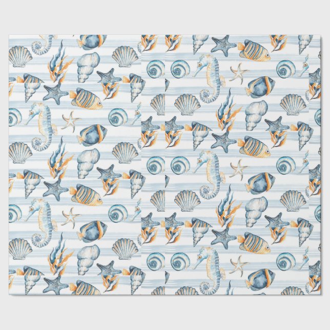 Seashells Beach Ocean Water Pattern Art Geschenkpapier (Saum)