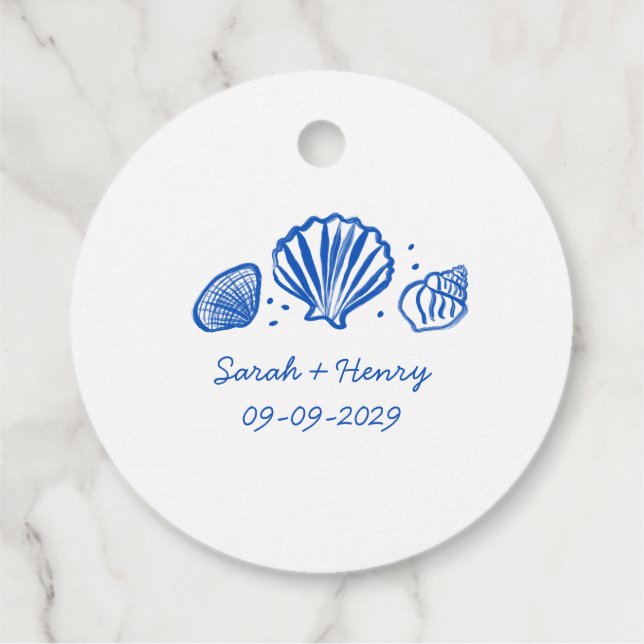 Seashells Beach Wedding Blue White CUSTOM Geschenkanhänger (Rückseite)
