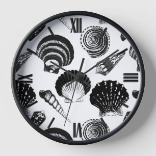 Seashells - black and white on a white background wanduhr