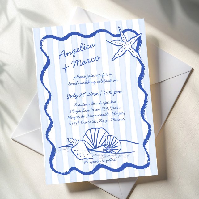 Seashells Blauer, handgewachsene, wellenförmige Gr Einladung (Seashells blue handrawn wavy border sketch beach wedding invitation cards template instant download)