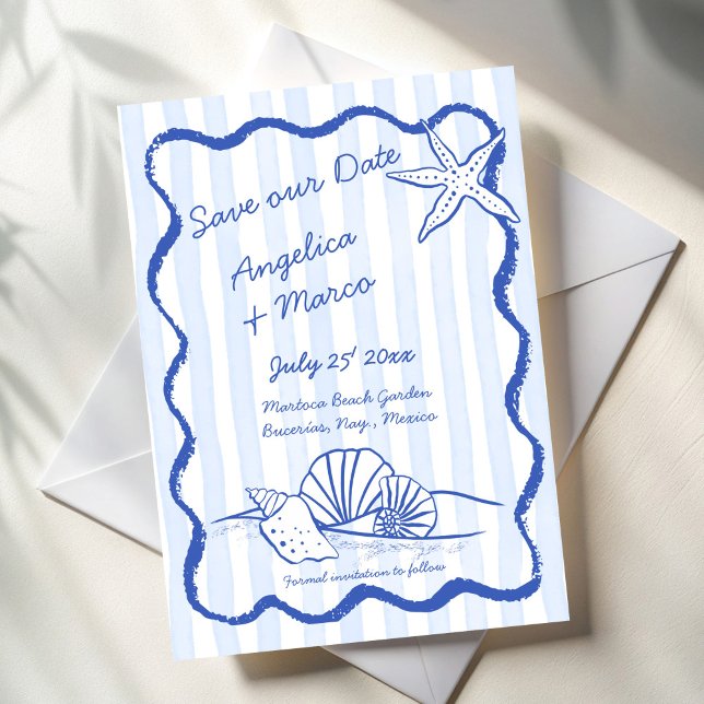 Seashells Blauer, handgewachsene, wellenförmige Gr Save The Date (Seashells blue handrawn wavy border beach destination wedding save the date cards template )