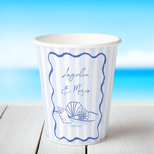 Seashells Blue Wavy Grands Beach Hochzeitsmonograp Pappbecher (Seashells blue wavy border beach wedding monogrammed paper cups personalized beach table decor)