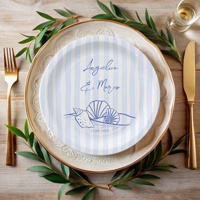 Seashells Blue Wavy Grands Beach Hochzeitsmonograp Pappteller (Seashells handrawn blue wavy border beach wedding monogrammed paper plates personalized table decor)