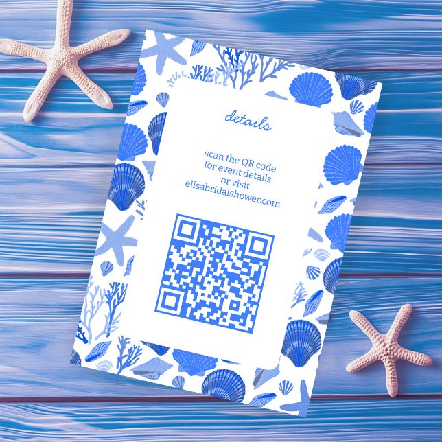 Seashells Brautparty Chic Blue Beach CUSTOM QR Begleitkarte (Seashells Bridal Shower Chic Blue Beach CUSTOM QR Enclosure Card
)