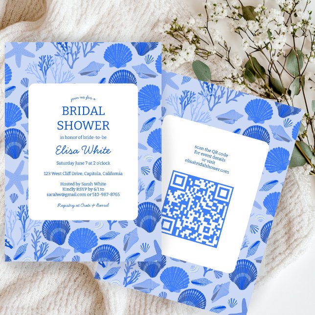 Seashells Brautparty Chic Blue Beach CUSTOM QR Einladung (Seashells Bridal Shower Chic Blue Beach CUSTOM QR Invitation
)