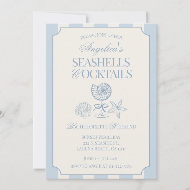 Seashells & Cocktails Bachelorette Itinerary and Einladung (Vorderseite)