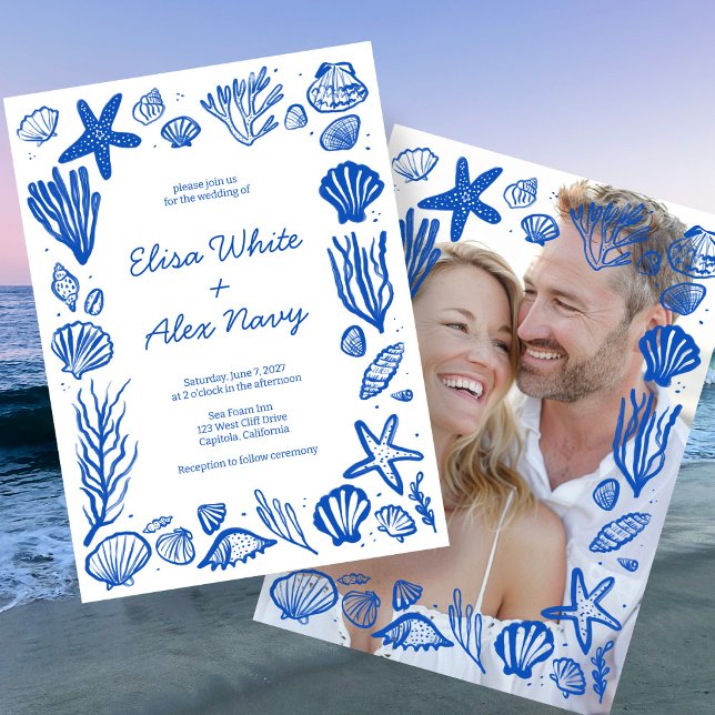 Seashells Frame Beach Wedding CUSTOM FOTO Einladung (Seashells Frame Beach Wedding CUSTOM PHOTO Invitation
)