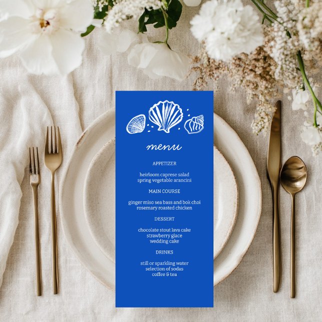 Seashells Frame Beach Wedding CUSTOM Party Menükarte (Seashells Frame Beach Wedding CUSTOM Party Menu Blue White
)