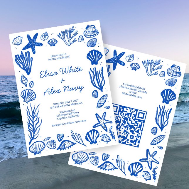 Seashells Frame Beach Wedding CUSTOM QR Code Einladung (Seashells Frame Beach Wedding Seaside Ocean CUSTOM QR Code Invitation
)