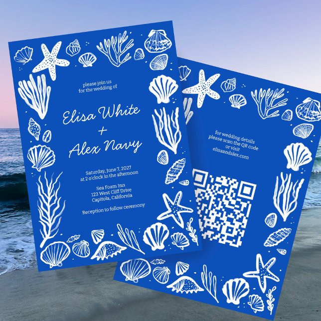 Seashells Frame Beach Wedding CUSTOM QR Code Einladung (Seashells Frame Beach Wedding CUSTOM QR Code Invitation
)