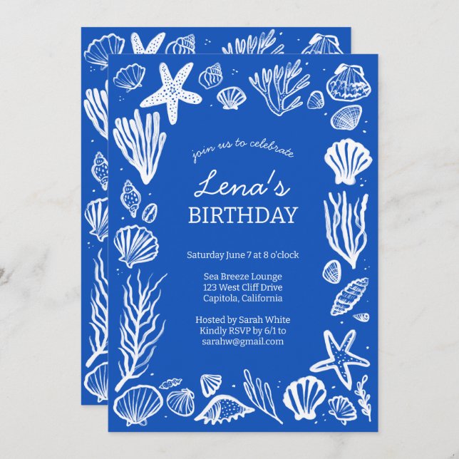 Seashells Frame Birthday Party Blue Beach CUSTOM Einladung (Vorne/Hinten)