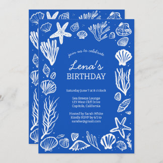 Seashells Frame Birthday Party Blue Beach CUSTOM Einladung