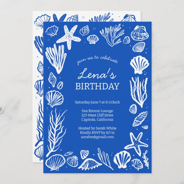 Seashells Frame Birthday Party Blue Beach CUSTOM Einladung (Vorne/Hinten)