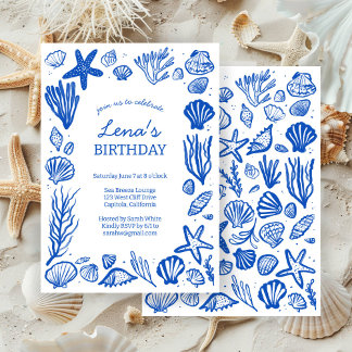 Seashells Frame Birthday Party Blue Beach CUSTOM Einladung
