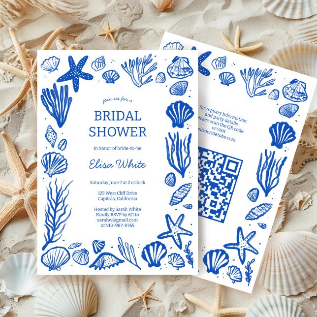 Seashells Frame Brautparty Blue Beach CUSTOM QR Einladung (Seashells Frame Bridal Shower Blue Beach CUSTOM QR Code Invitation Summer Ocean Coast  Chic Elegant
)