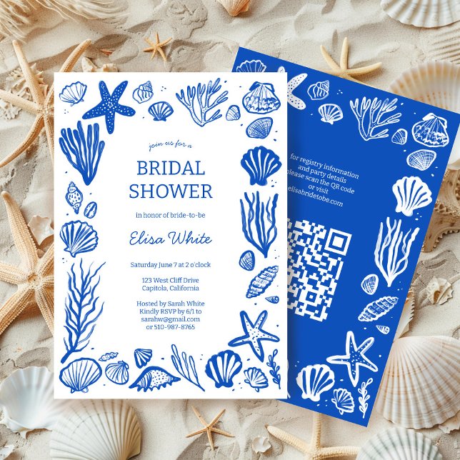 Seashells Frame Brautparty Blue Beach CUSTOM QR Einladung (Seashells Frame Bridal Shower Blue Beach CUSTOM QR Code Invitation Summer Sea Coast Chic ELegant 
)