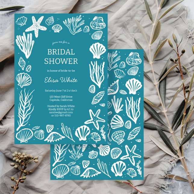 Seashells Frame Bridal Dusche Tee Beach CUSTOM Einladung (Seashells Frame Bridal Shower Teal Beach CUSTOM Invitation
)
