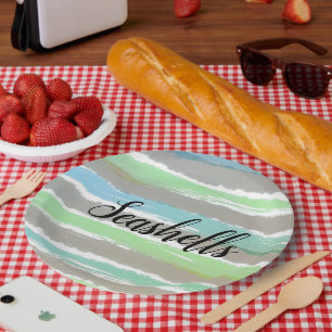 Seashells Grey Green Blue Watercolor Streifen Pappteller