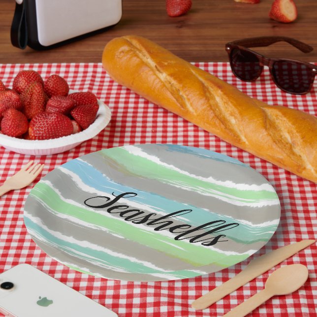 Seashells Grey Green Blue Watercolor Streifen Pappteller (Picknick)