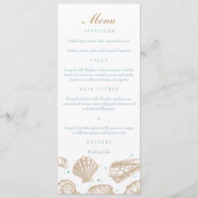 Seashells Nautical Tan/Aqua Beach Wedding Menu Menükarte (Vorderseite)