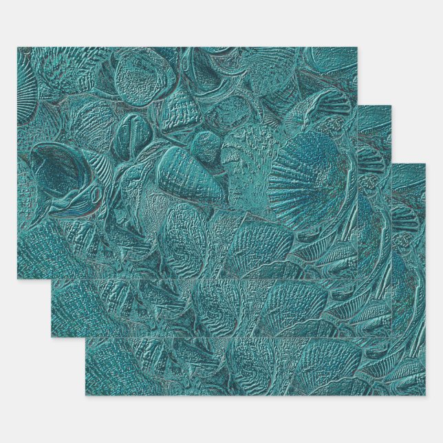 Seashells Ocean Beach Aquamarin Metallic Style Geschenkpapier Set (Set)