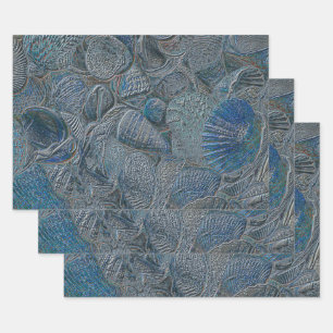 Seashells Ocean Beach Blue Metallic Decoupage Geschenkpapier Set