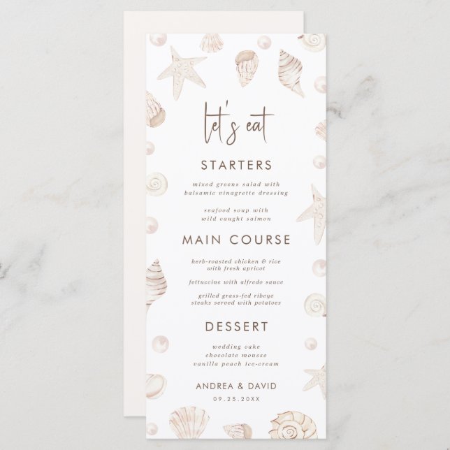 Seashells & Pearls Coastal Beach Seafront Wedding  Menükarte (Vorne/Hinten)