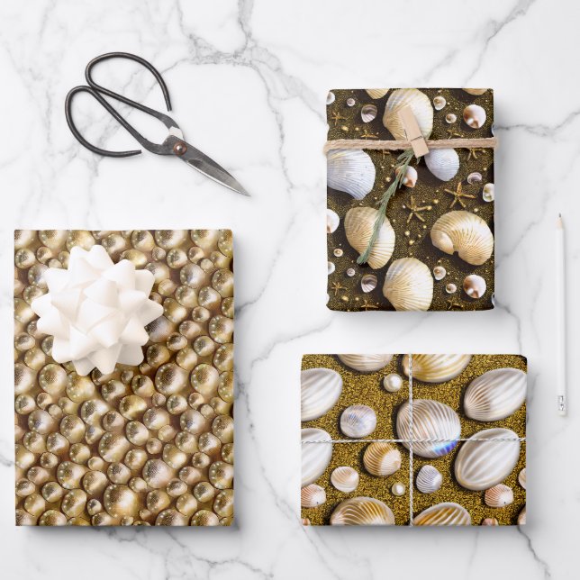 Seashells Perlen Sandstrand Muscheln Goldschimmer Geschenkpapier Set (Vorderseite)